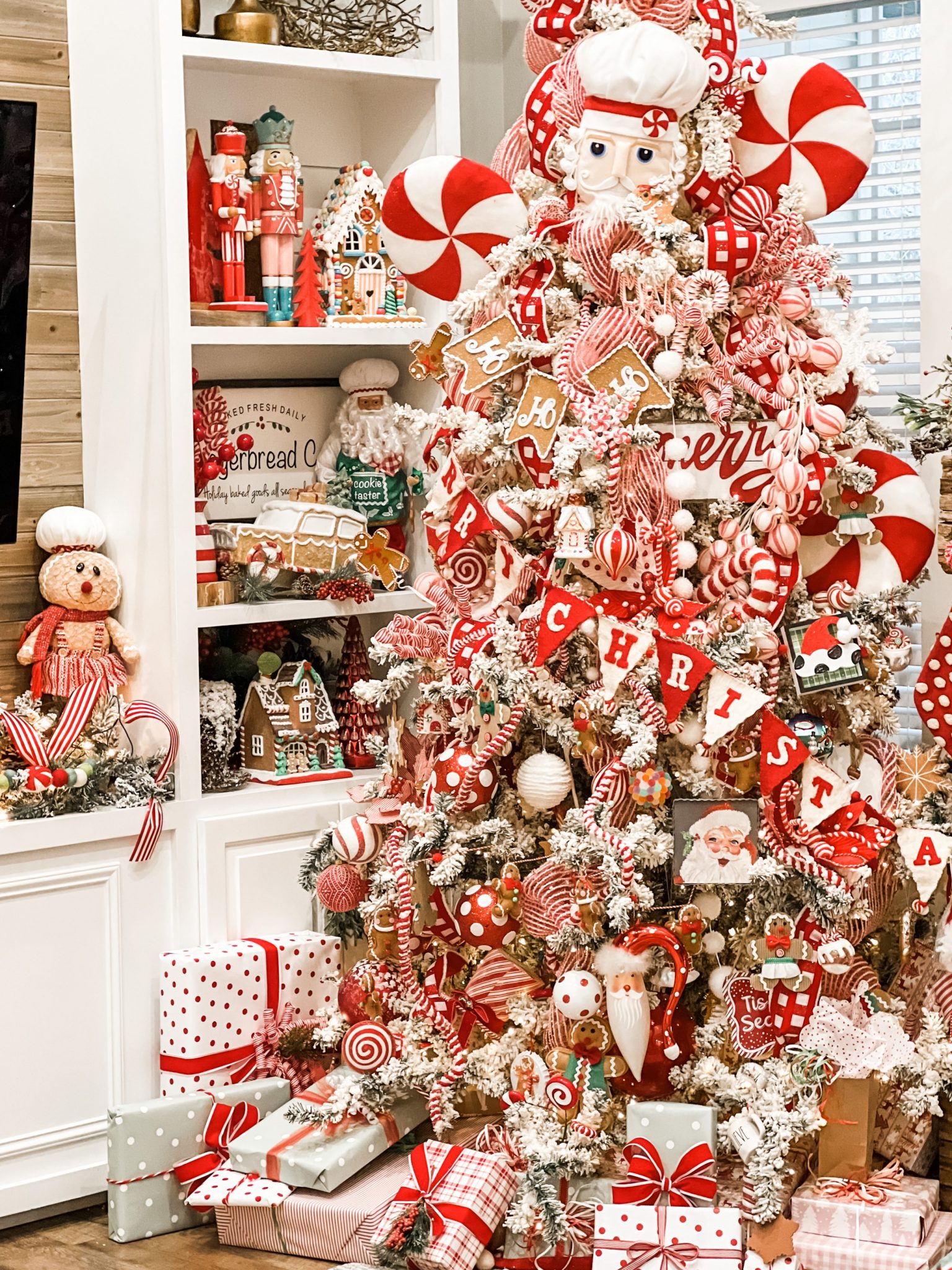 red and white christmas tree with gingerbread ReFabbed