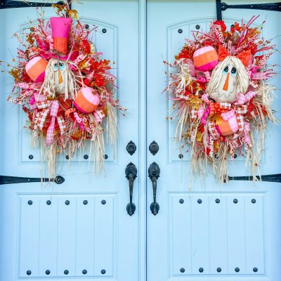 pink and orange inspired scarecrow fall wreaths