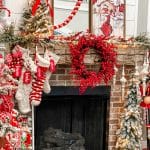 how to decorate a red and white christmas mantel